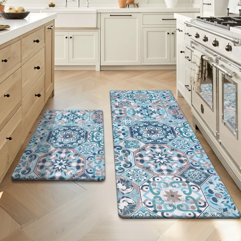 Ensemble de 2 tapis de cuisine Alishia, Bleu / bleu sarcelle, Tapis de couloir 18 po x 30 po + 18 po x 48 po