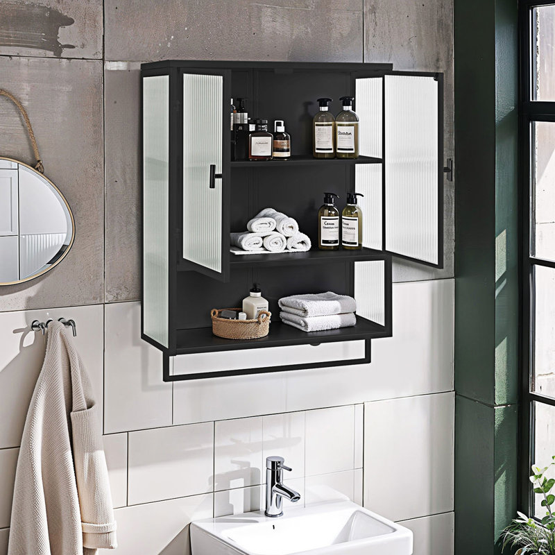 Modern Two-Door Wall Cabinet With Featuring Two-Tier Enclosed Storage, An Open Shelf, And Towel Rack, Entryway Cabinet, Black