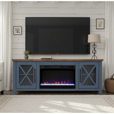 Meuble télé avec foyer pour téléviseurs jusqu'à 80 pouces, 168 cm L x 43 cm P x 66 cm H, bois, 1 pièce, console télé avec foyer, bleu, foyer électrique de 66 cm et portes vitrées à double vitrage.