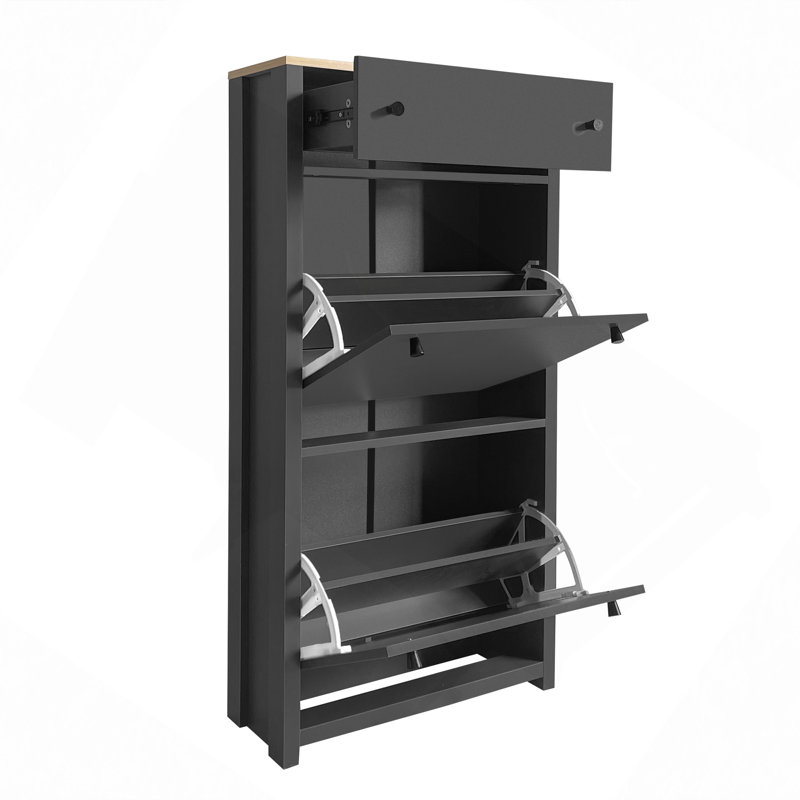 Rangement pour chaussures, organisateur de vestibule fonctionnel avec 2 tiroirs rabattables, armoire à chaussures à motif grain de bois avec tiroir, étagère à chaussures autoportante avec panneau réglable pour le couloir