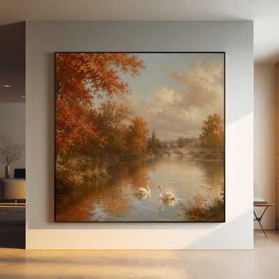 Très grand reproduction d'art sur toile - Paysage de rivière d'automne avec des cygnes, des arbres et un pont, vue panoramique sur le décor naturel pour le salon ou la chambre à coucher «Assemblage requis (cadre non fini)»