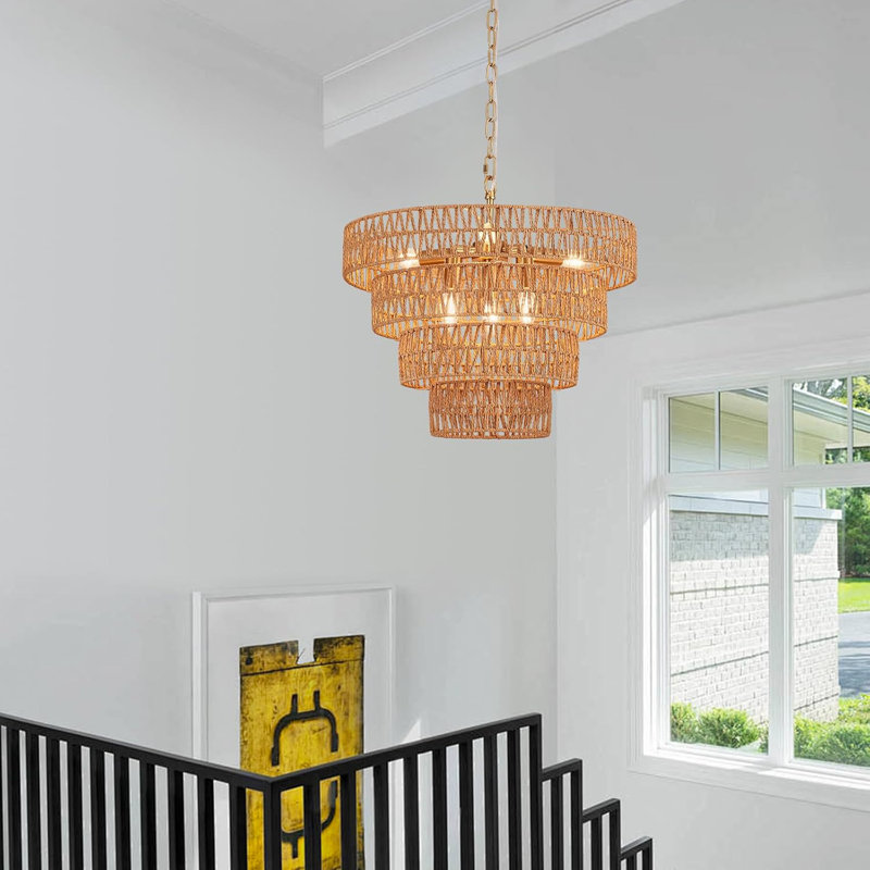 Lustre en rotin tissé à la main - lustre rétro en bambou 6 lumières campagnard Boho pour salle à manger, cuisine, chambre à coucher