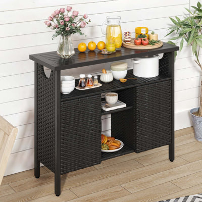 Modern Solid Wood and Wicker Storage Cabinet with Adjustable Shelves