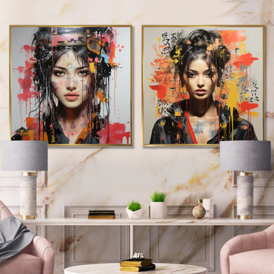 Popart, collage de femme japonaise I - femme, ensemble de 2 reproductions d'art mural