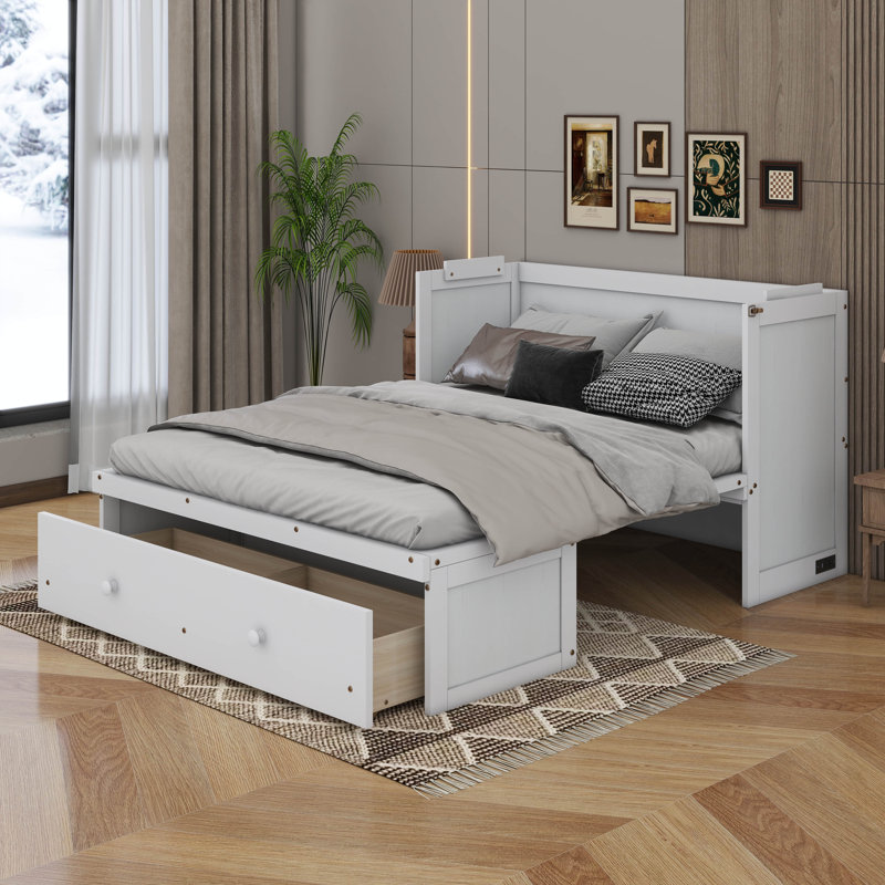 Lit escamotable avec port USB et tiroir, Blanc, Double