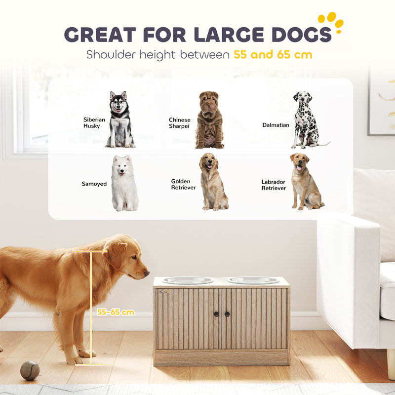 Bols pour chien surélevés avec armoire de rangement, support pour bol surélevé pour chien, station d'alimentation pour animaux avec alimentation lente et antidérapante, pour grands animaux de compagnie, chêne, bois