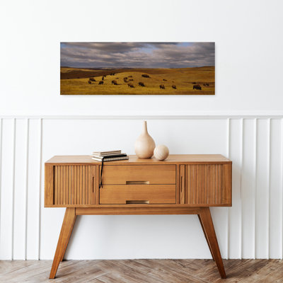 «High Angle View» de Buffaloes qui broute sur un paysage, Dakota du Nord, États-Unis, paysage contemporain abstrait, art mural