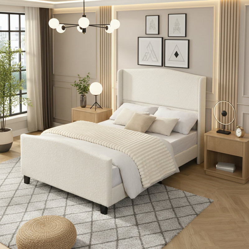 Bed Frame with High Back Upholstered Headboard, Full, White
