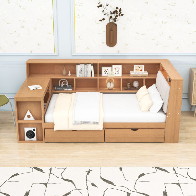 Lit de jour en bois en L avec bureau, 2 tiroirs, tablettes de rangement et lumière DEL, Naturel, Lit simple
