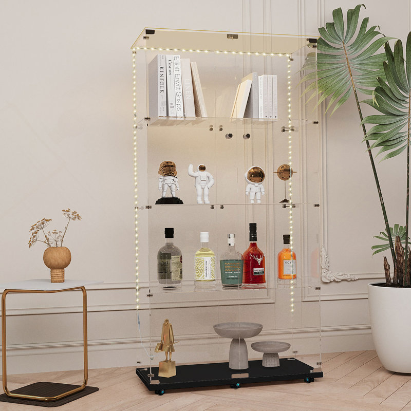 Vitrine polyvalente en verre trempé et armoire de rangement avec bande DEL Bluetooth, télécommande, application mobile et roulettes pivotantes pour tout espace