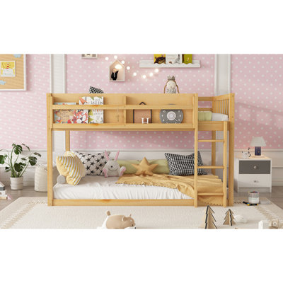 Low Twin Over Twin Bunk Bed, Floor Bunk Bed With Ladder, Solid Wood Twin Bunk Bed For Kids & Juniors, Natural(Expect Arrival Date 2025/11/25)