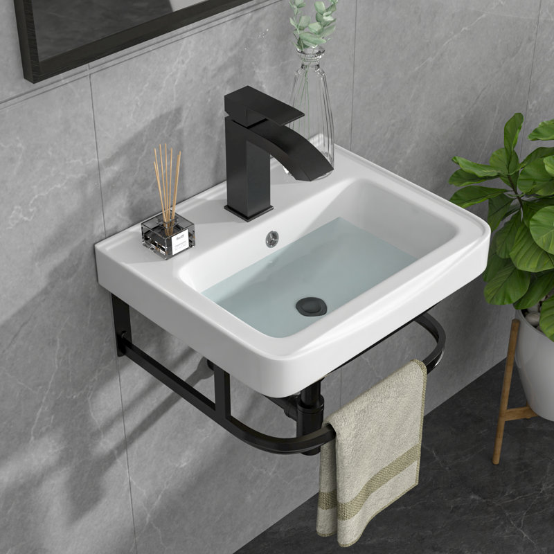 Lavabo de salle de bain mural encastré à console rectangulaire en céramique avec robinet de lavabo et base de support 17 po L x 14 po