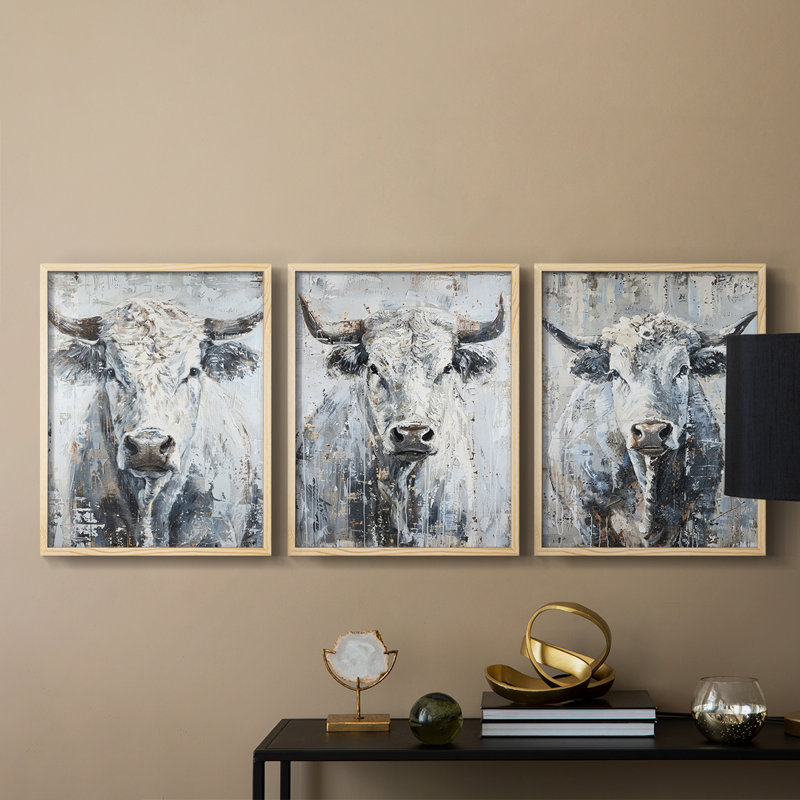 Bovine Study  Series  XLIII  -Set Of 3 Framed Giclee Prints -Ready to Hang, Natural Framed, 10" H x 8" W