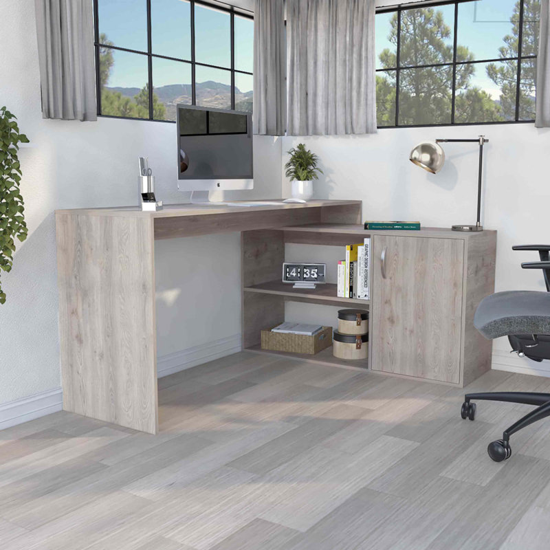 Bureau d'ordinateur en L Axis avec rangement ouvert et fermé, Gris