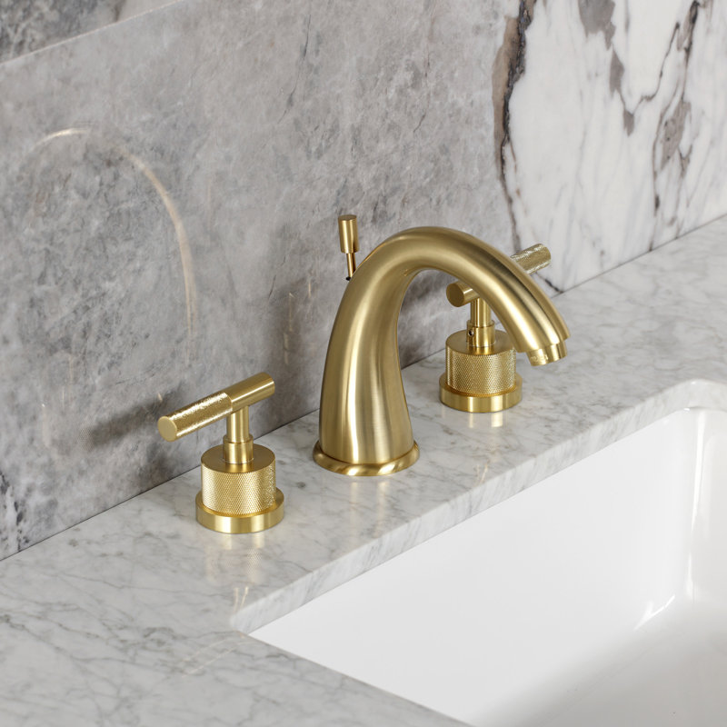Robinet de salle de bain espacé à deux poignées à fixation sur le comptoir avec poignée moletée et bonde escamotable en laiton Kingston