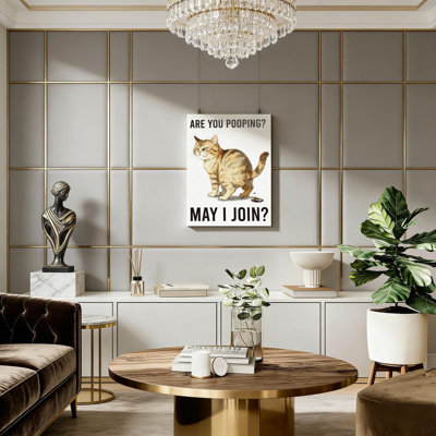 «Are You Pooper May I join Cat», impression sur toile humoristique pour salle de bain d'invité salle d'eau blanche 16 po x 24 po, cadre en bois massif