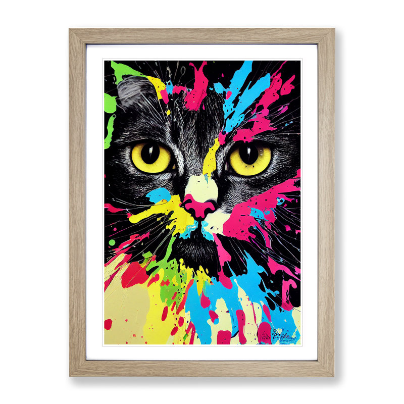 Paint Splat Cat - Framed Print, 64cm H x 46cm W x 2cm D, Oak