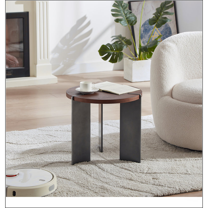 Table basse ronde en bois de noyer et pieds en métal noir, H 19,68 po x L 19,68 po x l 19,68 po, Brun