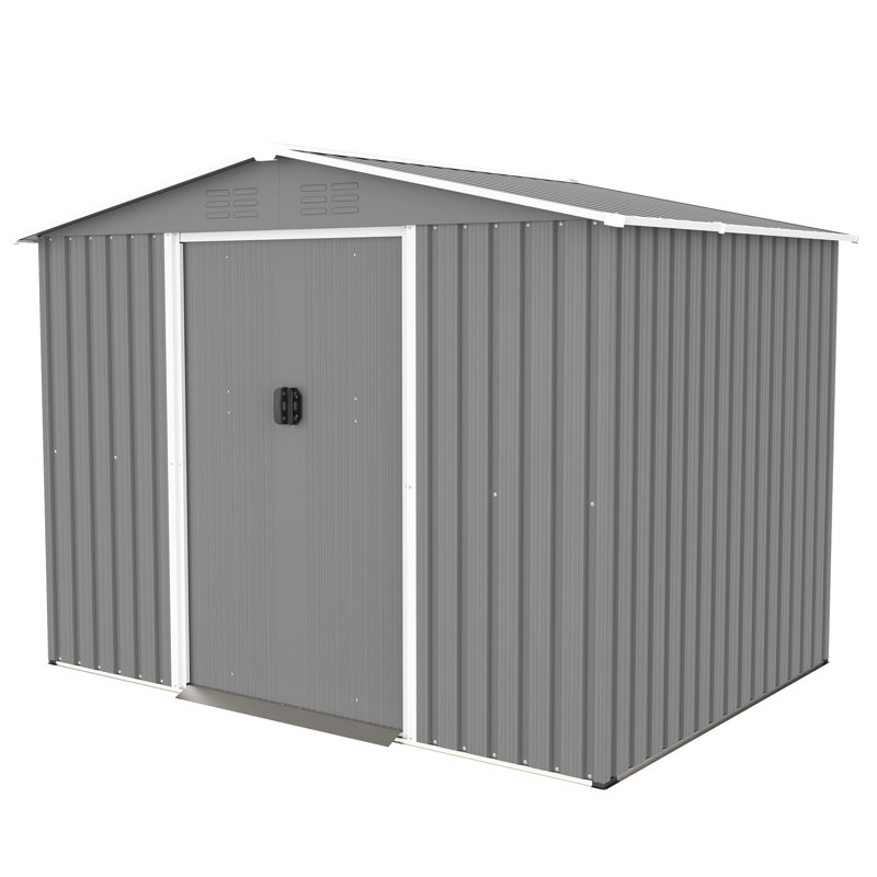 Remise de rangement extérieure en métal toutes saisons Astora avec portes coulissantes verrouillables et base, Gris