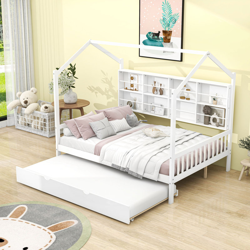 Kip Wooden Platform Bed with Trundle, Full, White