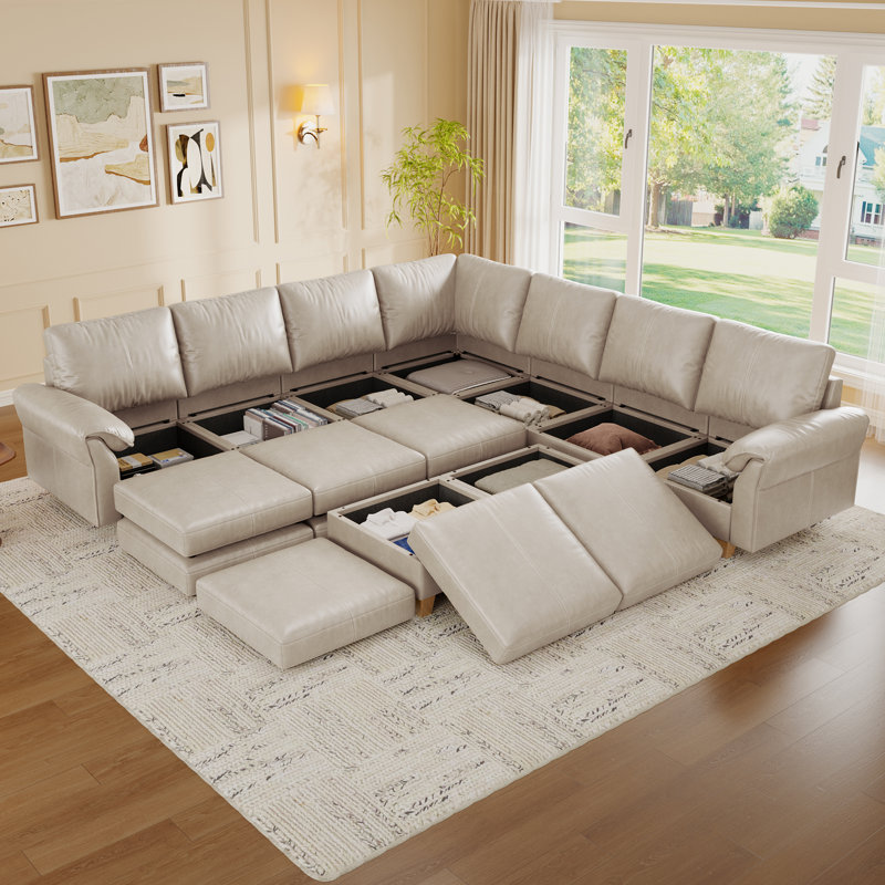 Canapé modulaire 120 po à 9 places en simili cuir avec rangement 120 po, gris, Grège