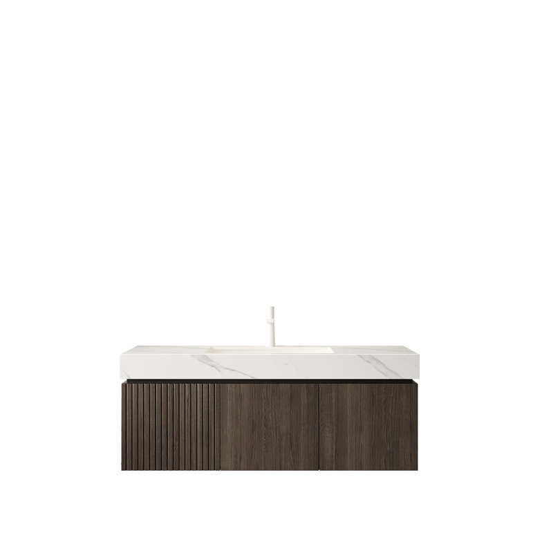 Ensemble de meuble-lavabo 48 po avec lavabo en contreplaqué flottant avec tiroir et portes, comptoir en pierre frittée blanc Carrara