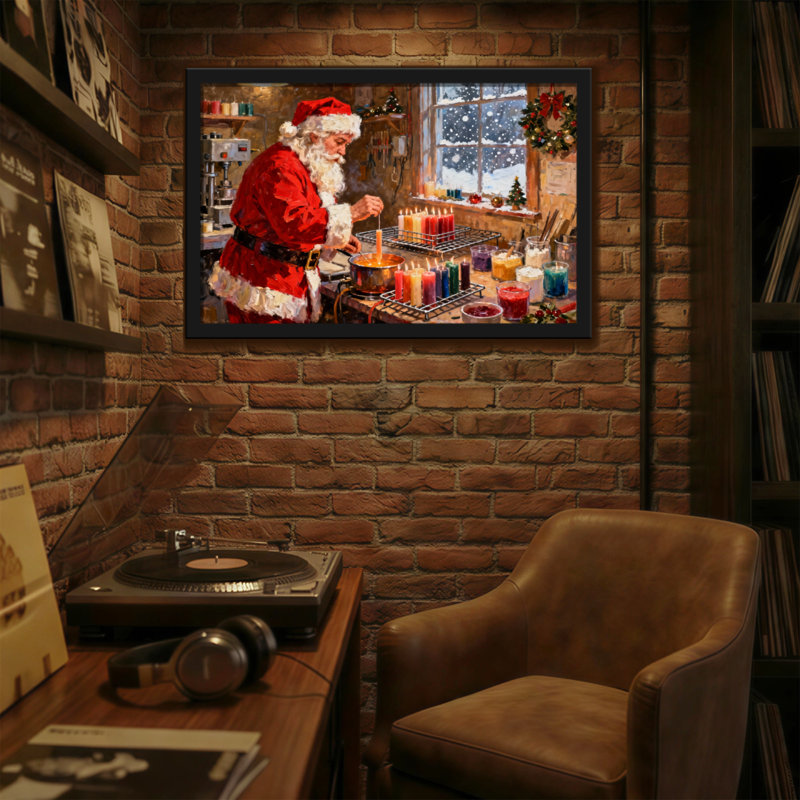 Christmas Santa Making Candles In Workshop, 16" H x 24" W