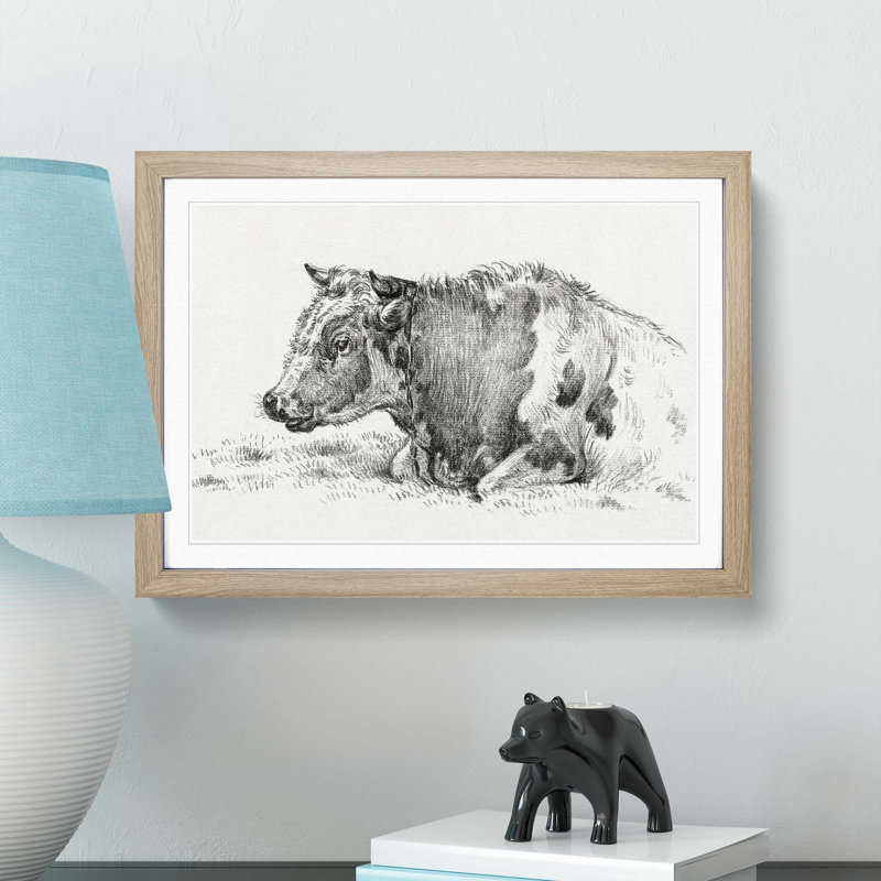 Resting Cow by Jean Bernard - Picture Frame Drawing Print, 36cm H x 48cm W x 2cm D, Oak Framed