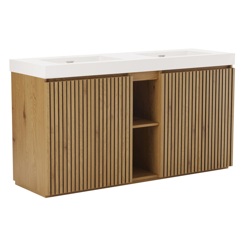 Meuble-lavabo double 60 po avec lavabo en quartz blanc, Chêne clair, 60", Blanc