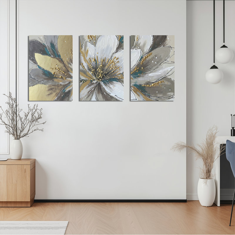 Abstrait floral doré et sarcelle, reproduction d'art sur toile tendue sur toile (ensemble de 3), H 30 po x l 60 po