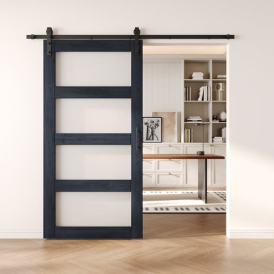Homacer Navy 40in x 80in 4-Lite Glass Design Unassembled & Finished Barn Door with Hardware Kit, interior use only