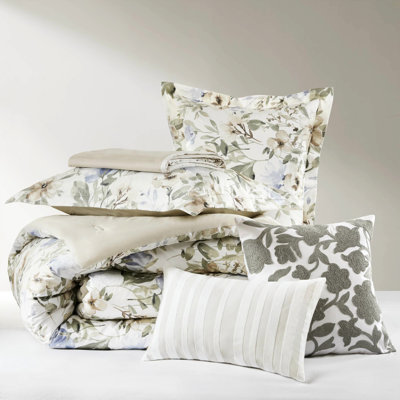 Queen Comforter In 6 Pieces, 100% Cotton , Floral Print For Bedroom Upgrade, Cloud - Softness Refresh,