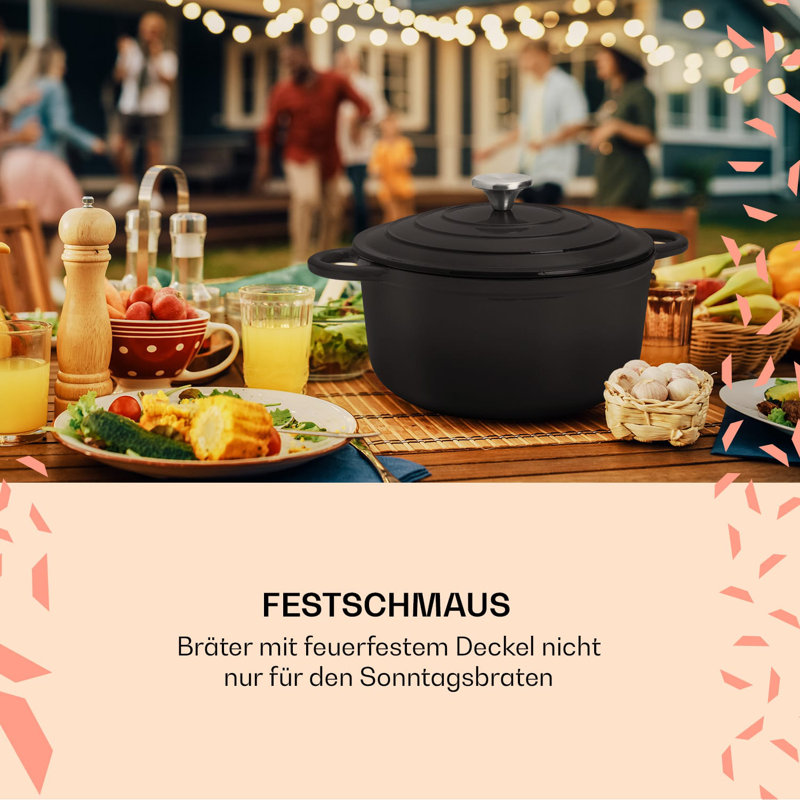 Klarstein 4L Non-Stick Cast Iron Round Dutch Oven, Black, 24cm