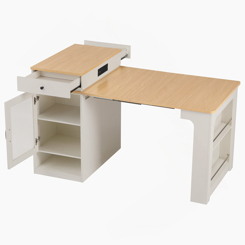 Îlot de cuisine 59,5 po avec table de salle à manger extensible, table de rangement de cuisine avec rangement double-face, îlot de cuisine avec 2 tiroirs, prise de courant, tablettes latérales ouvertes, pour la cuisine, la salle à manger, blanc