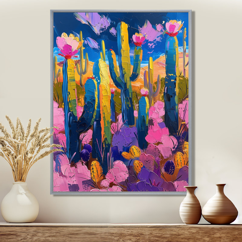 Cactus mauve et bleu, coucher de soleil Vibes III - Cactus floral, Toile argentée avec cadre flottant