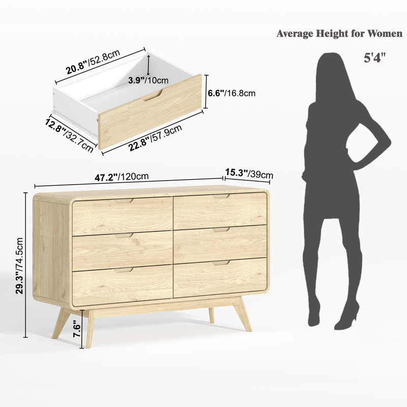 6-Drawer Dresser 47.2"W Double Dresser With Rounded Edges,Bedroom Dresser,Wooden Chest Of Drawers, Oak