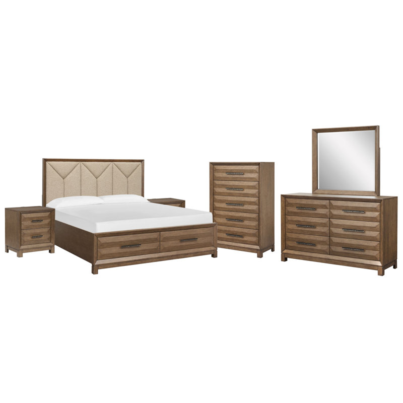 Très grand lit tapissier Fidler, Très grand, 6 Pcs:Bed,2 Nightstand,Dresser,Mirror, Chest