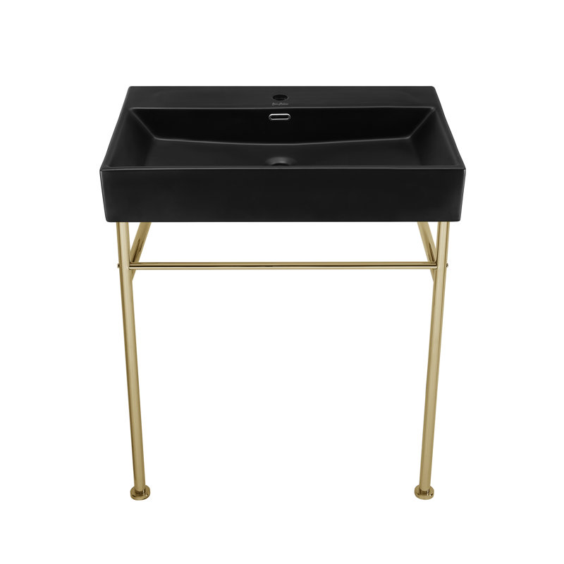 Claire 30" Ceramic Console Sink White Basin, Black/Gold