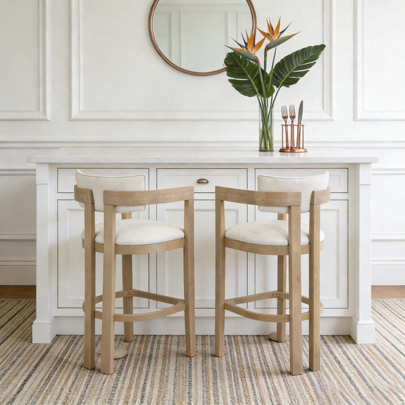 30" Wooden Frame and Upholstered barstool, Beige,Natural Ash