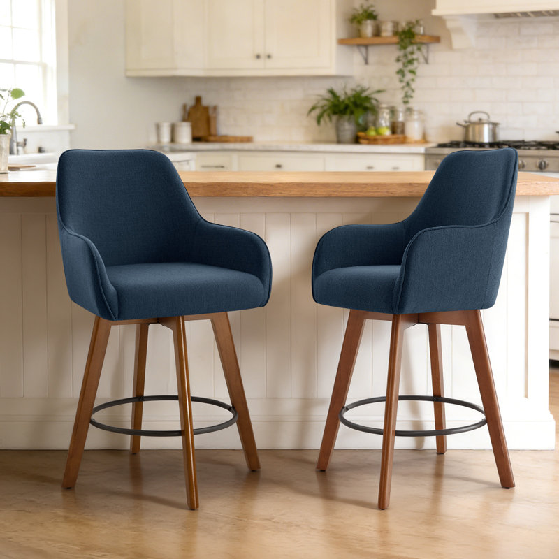 Advika 25" Swivel Upholstered Counter Stool with Solid Rubberwood Frame &  Full Back Arms, Navy Blue