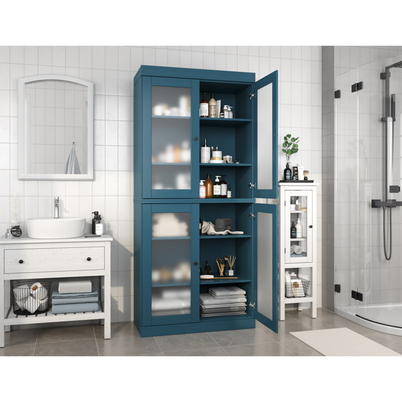 Armoire de salle de bain autoportante 100% bois massif 32 "avec portes en verre givré et tablettes réglables - Rangement de salle de bain moderne