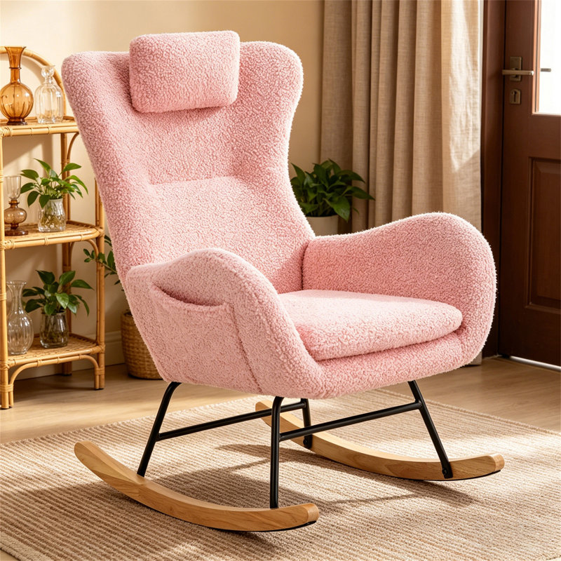 Chaise berçante, fauteuil oscillant rembourré Teddy avec dossier haut, appui-tête et poche réglables, fauteuil coulissant confortable pour chambre de bébé, chambre à coucher, salon, bureau, bois d'hévéa