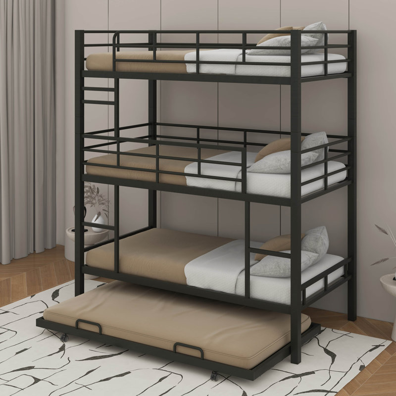 Metal Twin Size Triple Bunk Bed With Trundle, Black