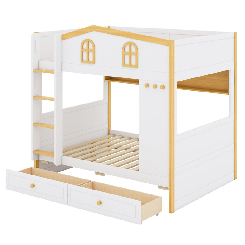 Mignon lit superposé en forme de garde-corps, tablettes de rangement fonctionnelles et tiroirs, Double sur double