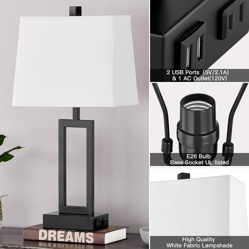 23.5" Black Metal Touch Control Table Lamps with White Linen Shade, Set of 2