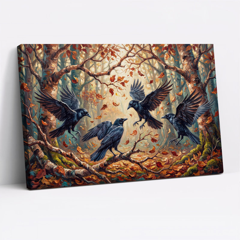 Corbeaux noirs volant à travers les feuilles d'automne - Toile murale d'Halloween, H 32 po x l 48 po