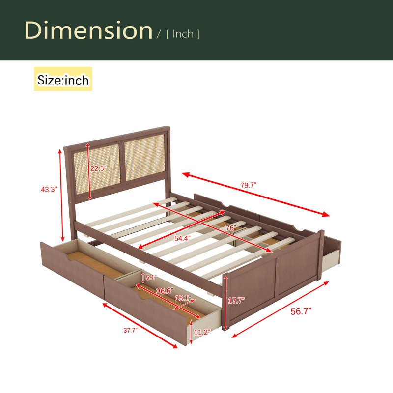 Lit plateforme en bois avec 4 tiroirs et tête de lit en rotin, Noyer
