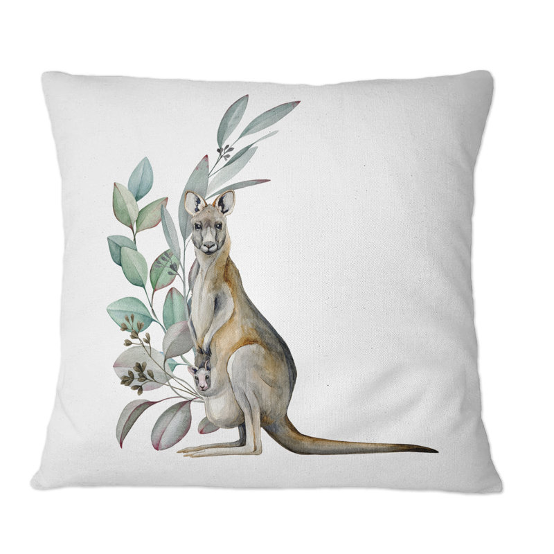 Kangourou avec des feuilles d'eucalyptus - Coussin décoratif à imprimé traditionnel, 16 po x 16 po