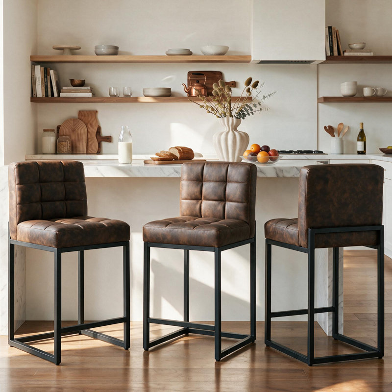 Tabourets de bar modernes à hauteur de comptoir, tabourets de bar rembourrés à câblage à carreaux épais de 25 pouces avec pieds en métal robustes à l'arrière, tabourets de comptoir en similicuir café pour îlot de cuisine (ensemble de 3)