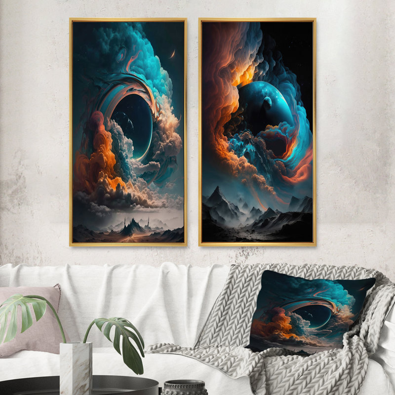 «Futuristic Landscape In Space I», 2 pièces sur toile, Encadrement doré, H 32 po x l 32 po